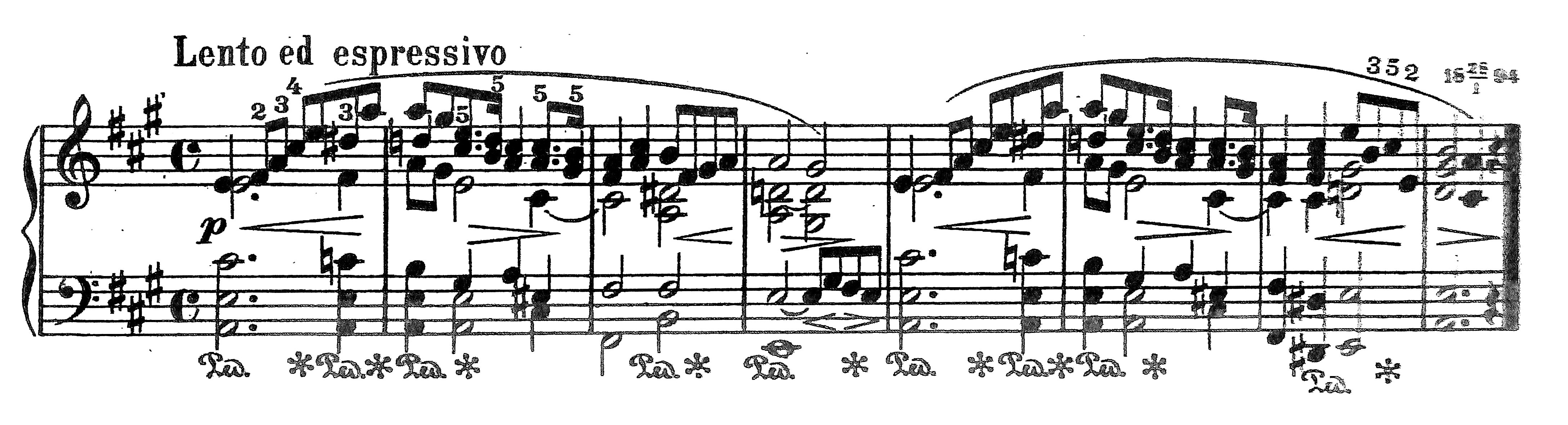 Excerpt of piano sheet music marked Lento ed espressivo, featuring expressive right-hand melodic lines with chordal accompaniment in D major.