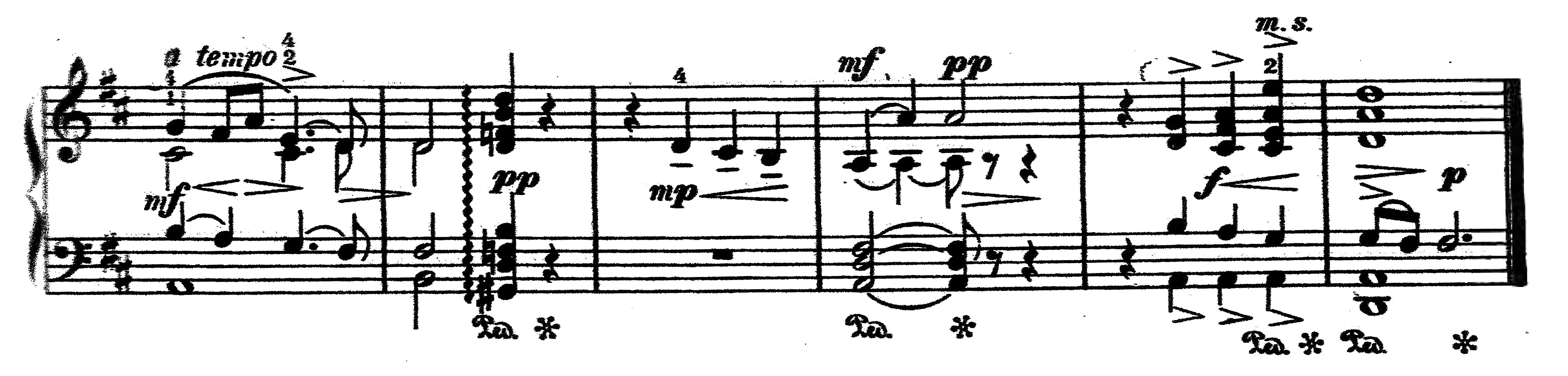 Excerpt of piano sheet music marked tempo, showing expressive dynamic changes and chordal textures leading to a soft closing passage.