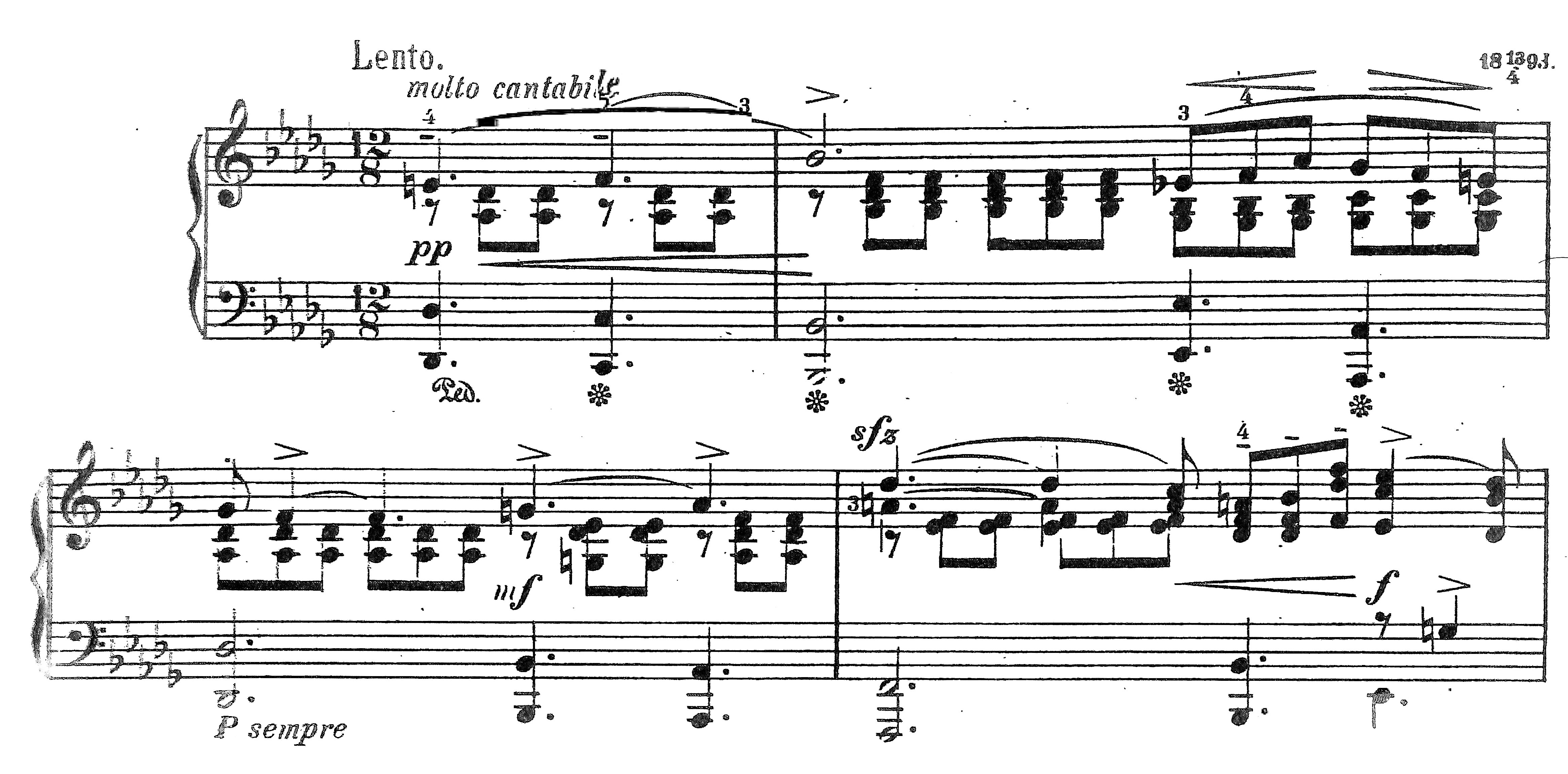 Excerpt of piano sheet music marked Lento, molto cantabile, featuring lyrical triplet accompaniment and expressive dynamic markings in E-flat major.