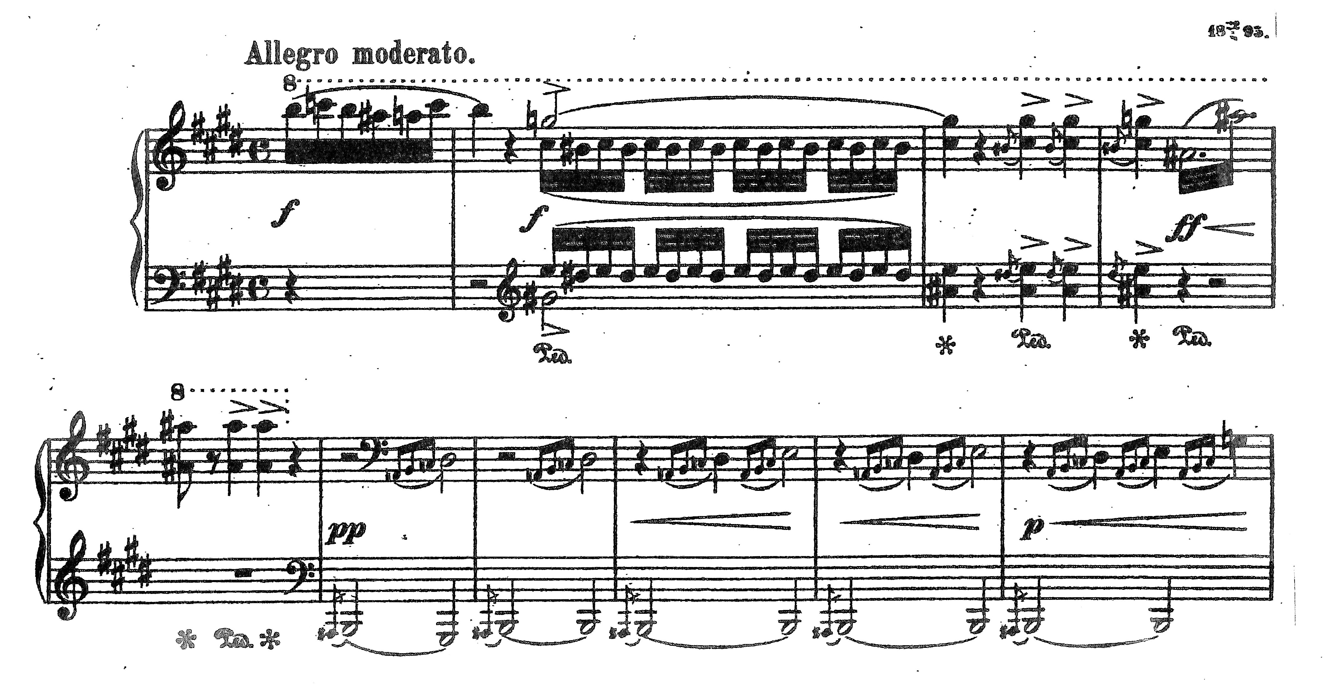 Excerpt of piano sheet music marked Allegro moderato, featuring bold right-hand chords, rapid passagework, and contrasting dynamics from forte to pianissimo.