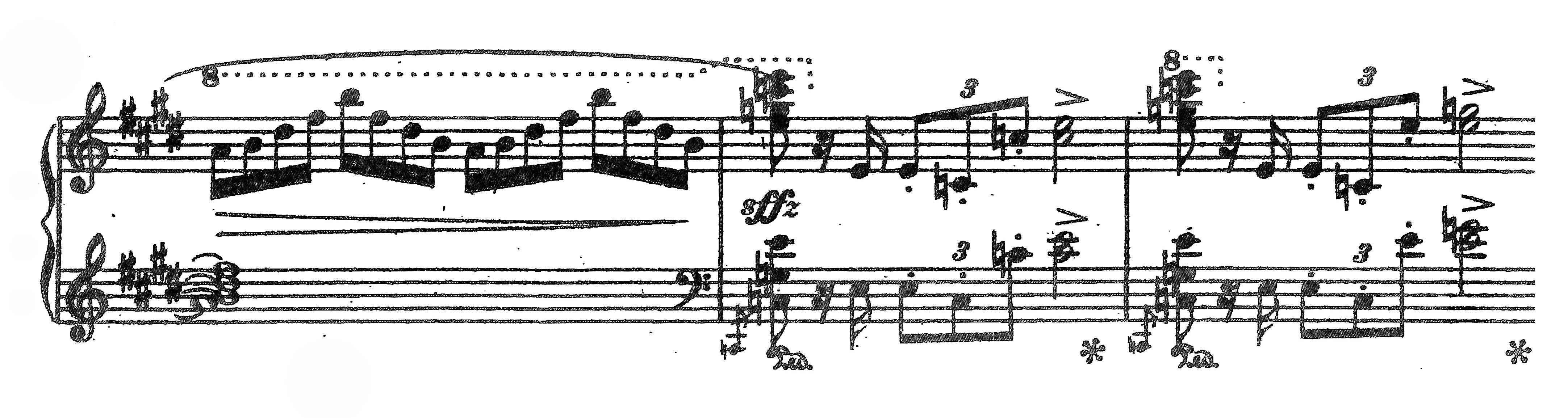 Excerpt of piano sheet music with arpeggiated figures, accented chords, and triplet rhythms marked sffz and dynamic contrasts.