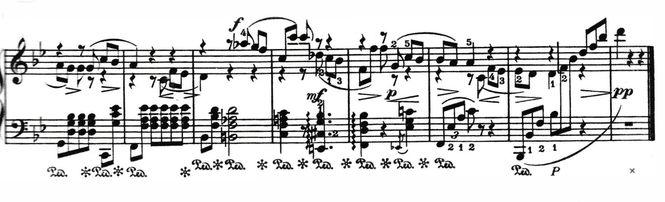 Excerpt of piano sheet music with accented chords and flowing right-hand figures, moving from forte to pianissimo dynamics.